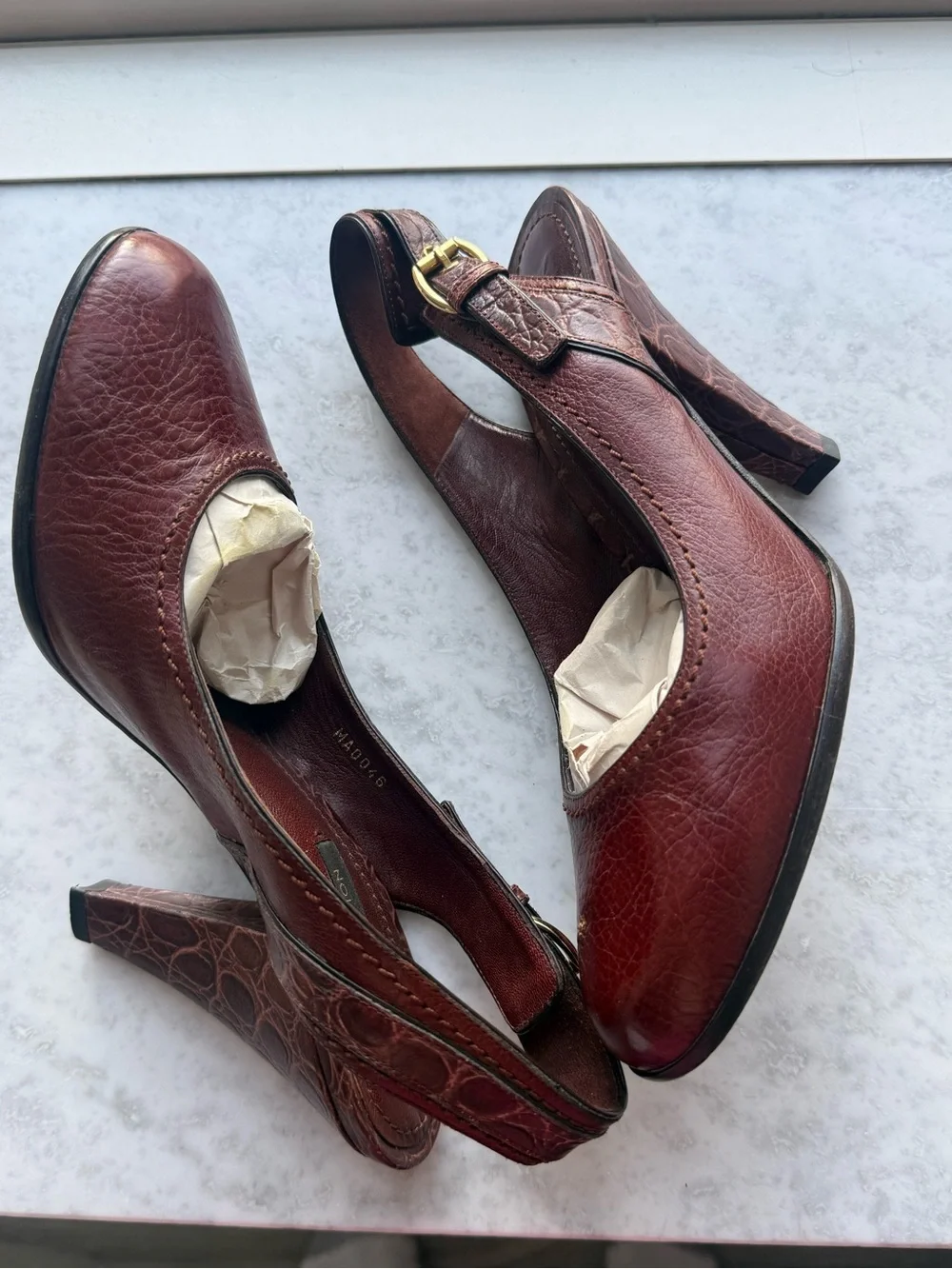 Louis Vuitton Burgundy Leather Slingback Heels with Gold Buckle